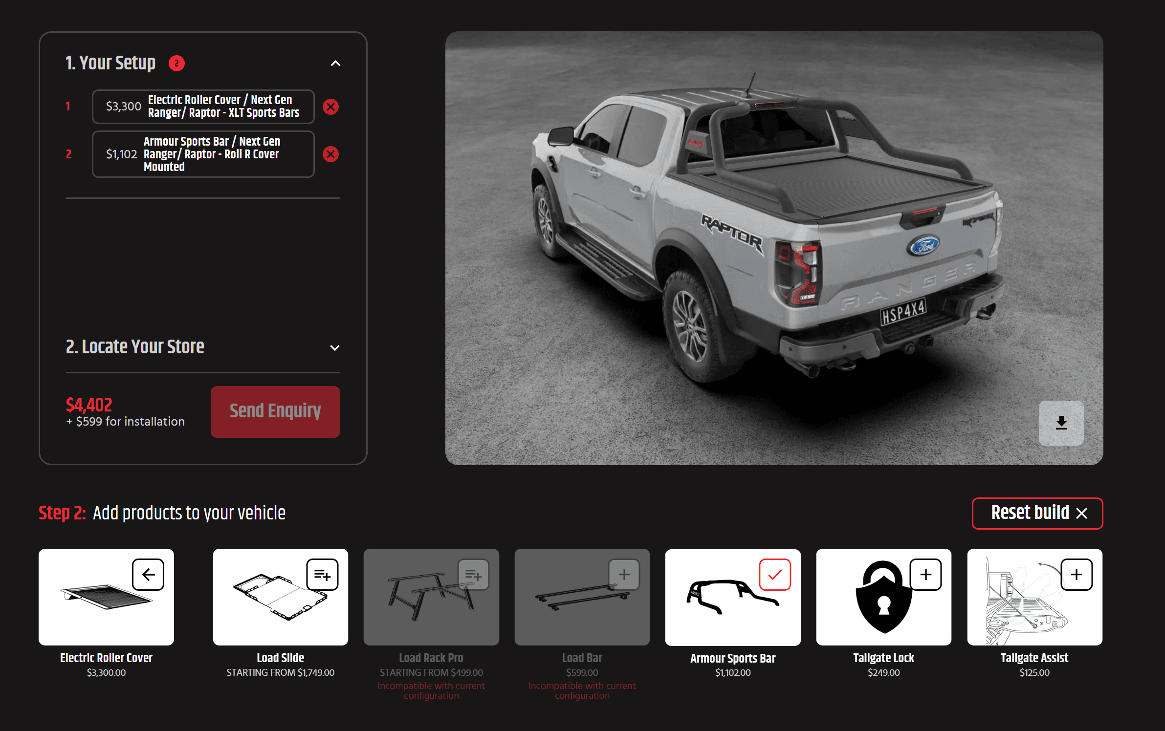 3D ute builder displaying a virtual ute fitted with a sports bar, allowing users to visualise styling and fitment in real-time.
