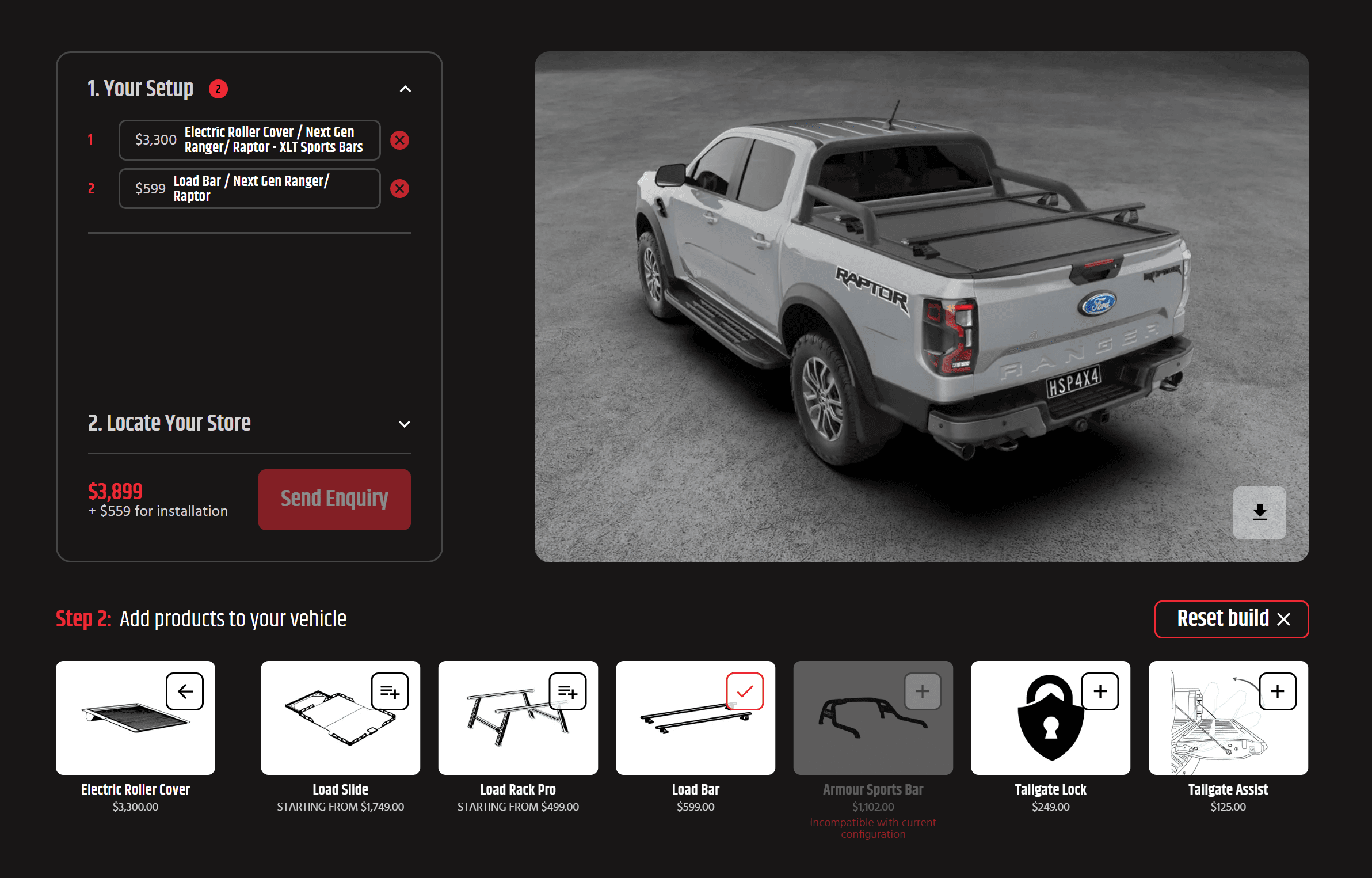 3D ute builder displaying a virtual ute with fitted roller cover and compatible accessories in real-time.