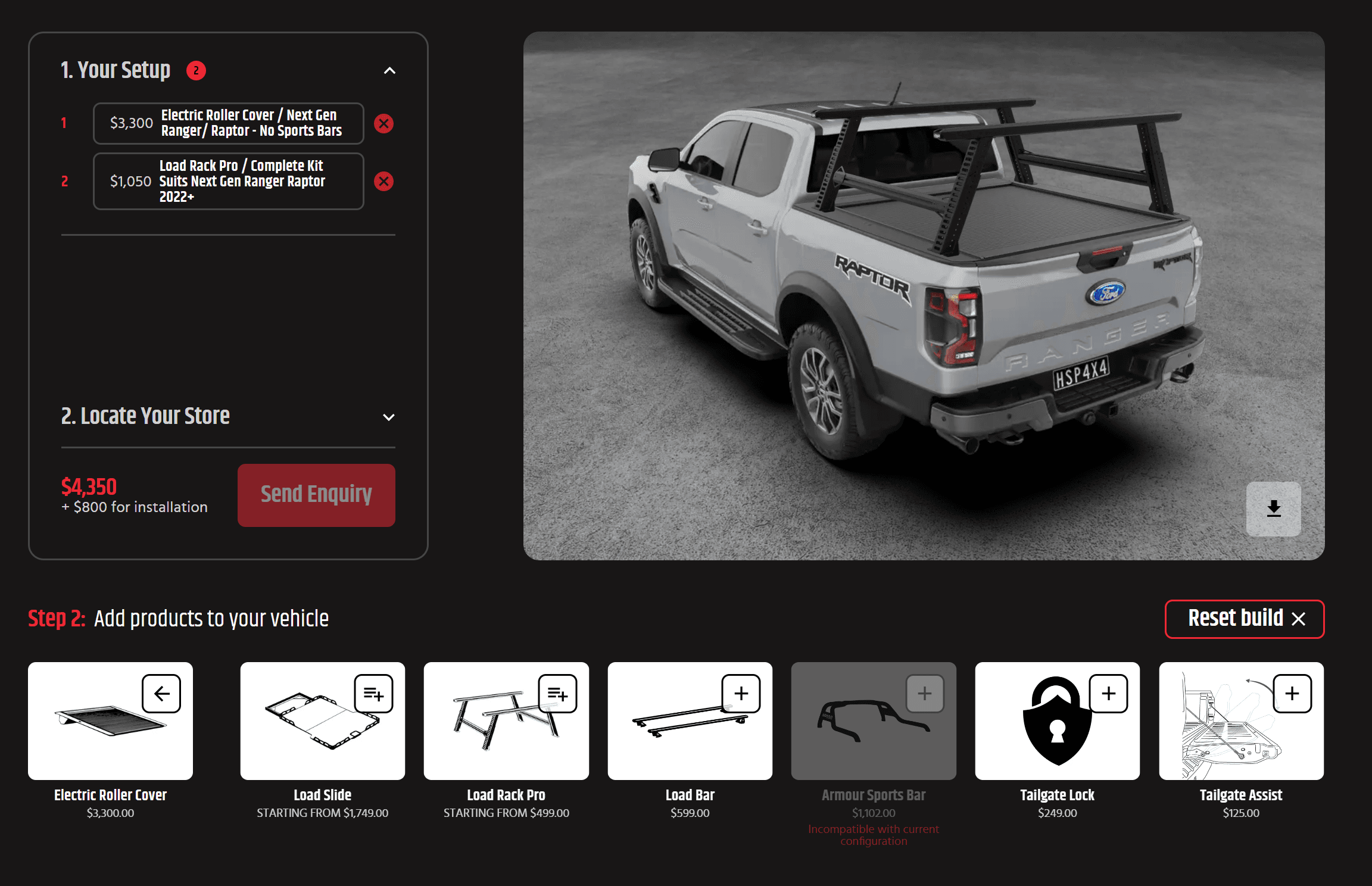 3D ute builder visualiser displaying a virtual ute fitted with a ladder rack, showcasing accessory customization in real time.